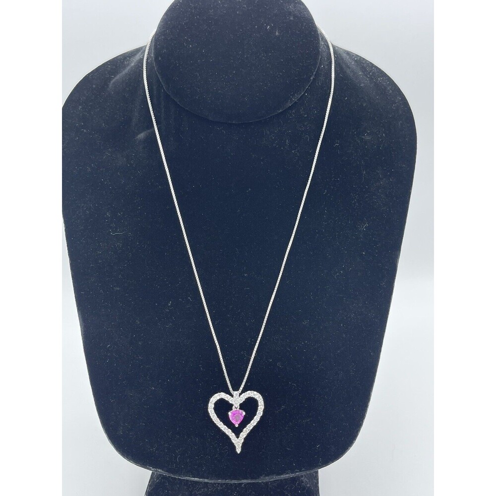 Ross Simons SS 925 CZ Open Heart Pink Topaz Dangle Heart Pendant Necklace